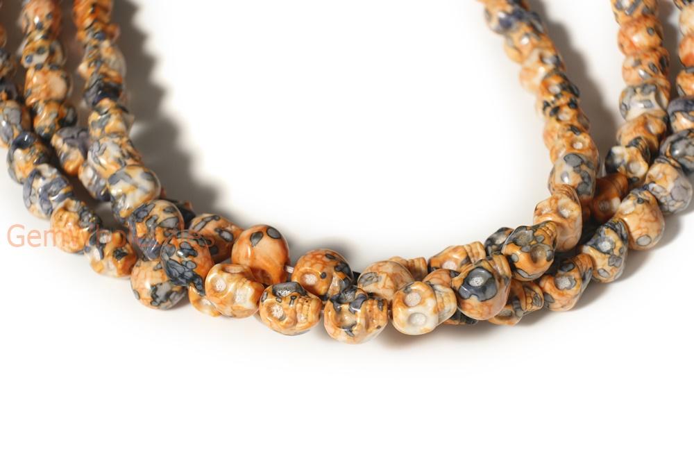 15.5" 10mm/12mm Dyed orange blue rain flower stone skull