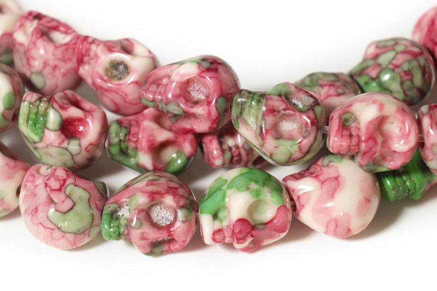 15.5" 10mm/12mm Dyed red green rain flower stone skull