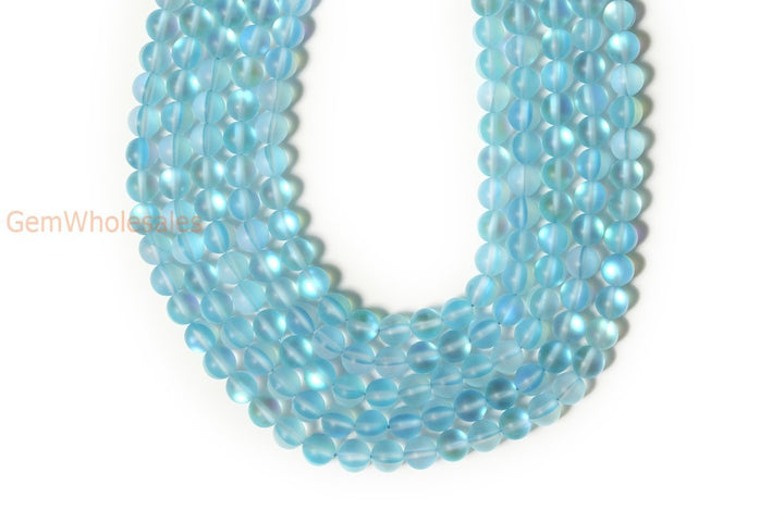 15.5" 8mm Rainbow Aqua blue Synthetic Moonstone round beads