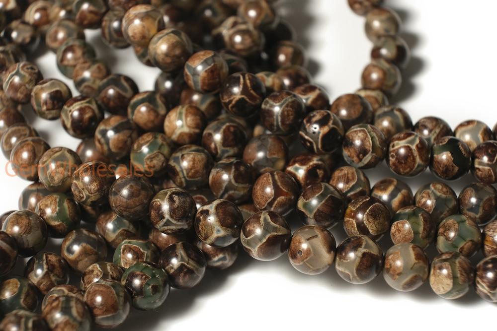 14" 8/10/12mm Antique Green color Bulk tibetan Dzi agate round beads Football