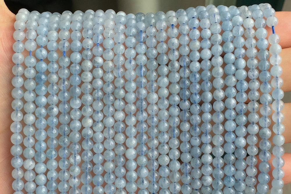 15.5" 4mm A Natural Aquamarine round beads, milky light blue beads