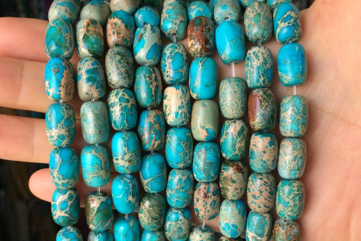 15.5" 10x14mm blue Sea Sediment barrel beads,Emperor stone, Terra Jasper