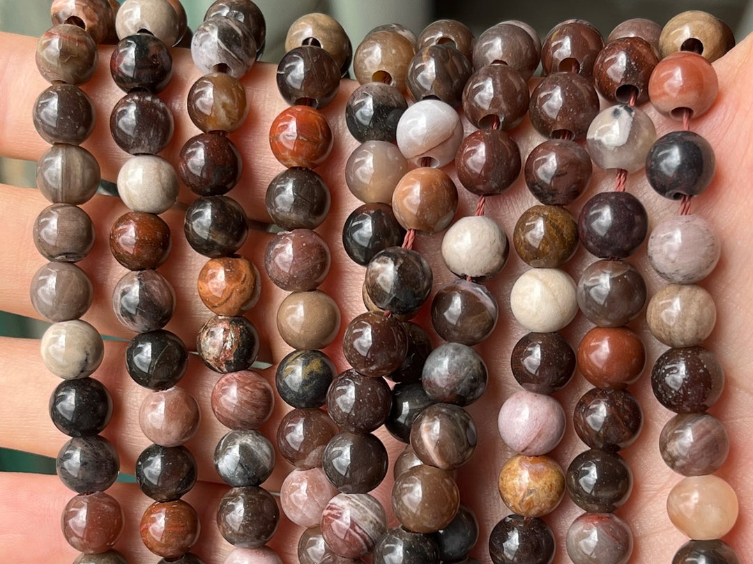 15" 8mm Petrified/fossilized wood stone 2.5mm big hole round beads