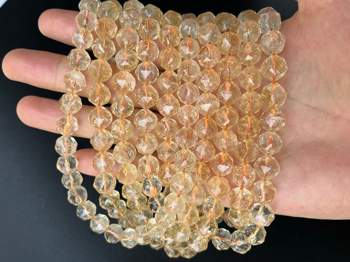 15.5" 8mm/10mm Natural Citrine round star faceted beads, yellow quartz