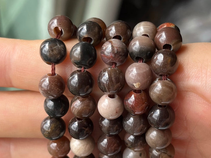 15" 8mm Petrified/fossilized wood stone 2.5mm big hole round beads