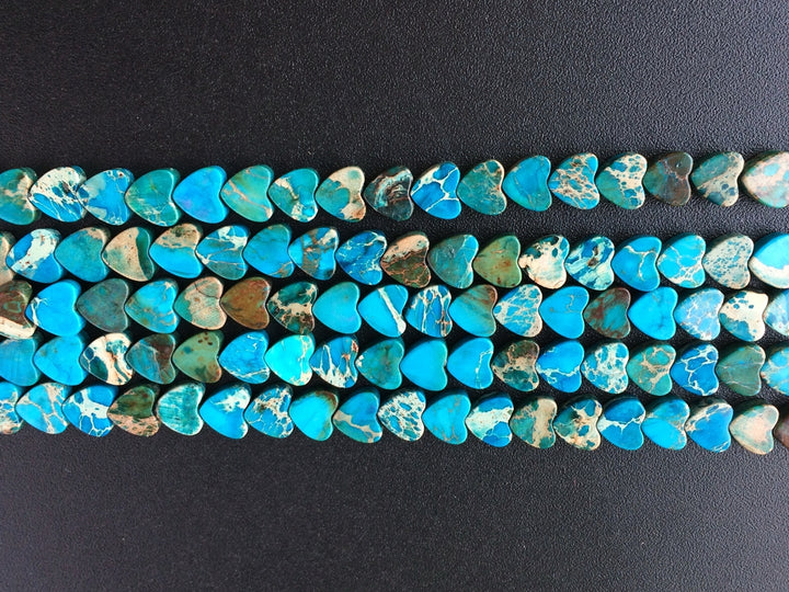 15.5“ 6mm Blue Sea Sediment heart beads, emperor jasper heart