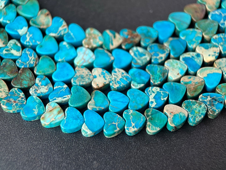 15.5“ 6mm Blue Sea Sediment heart beads, emperor jasper heart