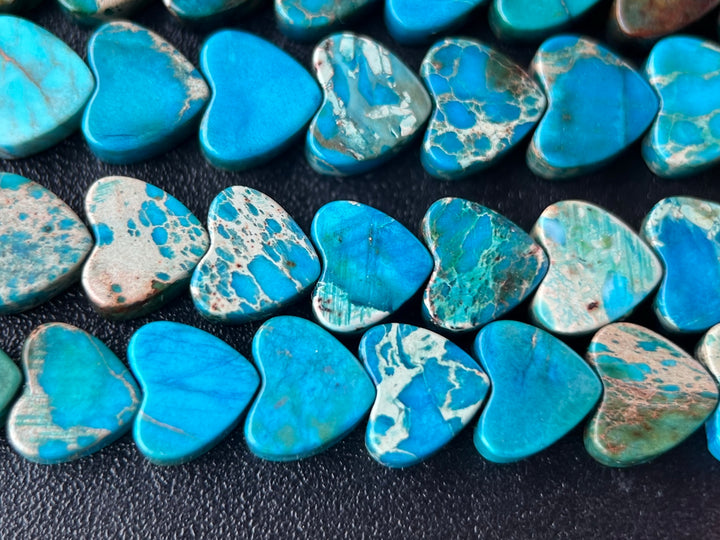 15.5“ 6mm Blue Sea Sediment heart beads, emperor jasper heart