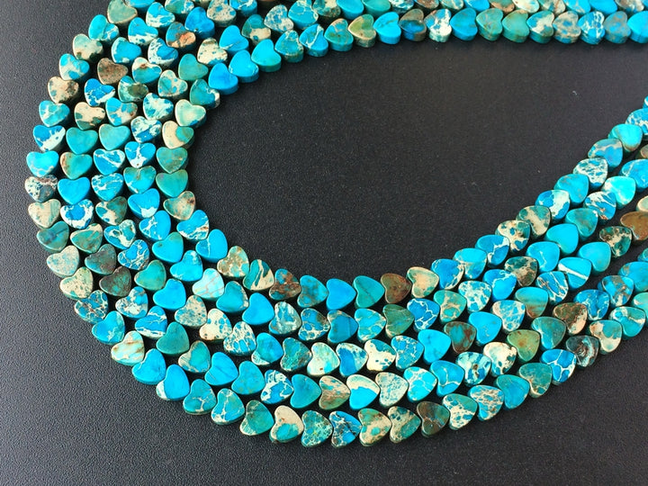 15.5“ 6mm Blue Sea Sediment heart beads, emperor jasper heart