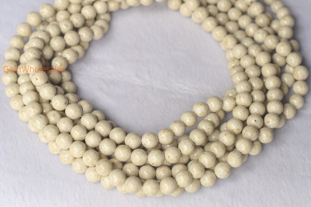 15.5" 8mm Natural fossil round beads, beige white color gemstone beads