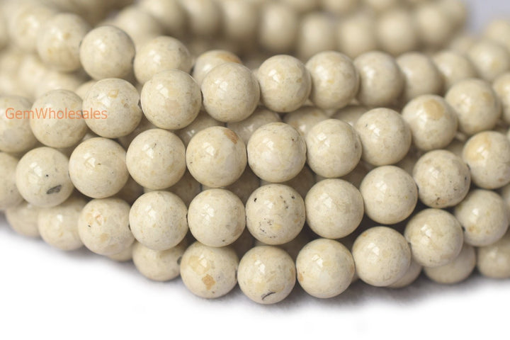 15.5" 8mm Natural fossil round beads, beige white color gemstone beads