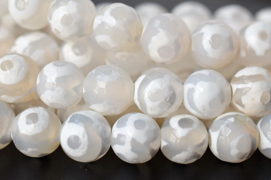 14.5" White tibetan Dzi agate 8mm/10mm/12mm/14mm round faceted beads, eye