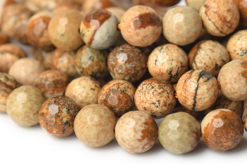 15.5" 8mm/10mm/12mm Natural picture stone round 128 faceted beads, yellow brown picture jasper