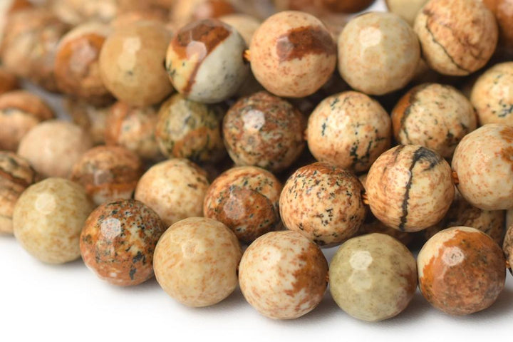15.5" 8mm/10mm/12mm Natural picture stone round 128 faceted beads, yellow brown picture jasper