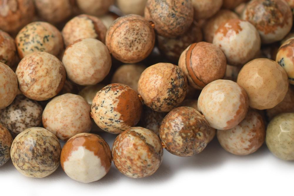 15.5" 8mm/10mm/12mm Natural picture stone round 128 faceted beads, yellow brown picture jasper