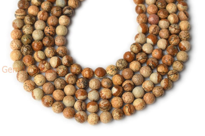 15.5" 8mm/10mm/12mm Natural picture stone round 128 faceted beads, yellow brown picture jasper