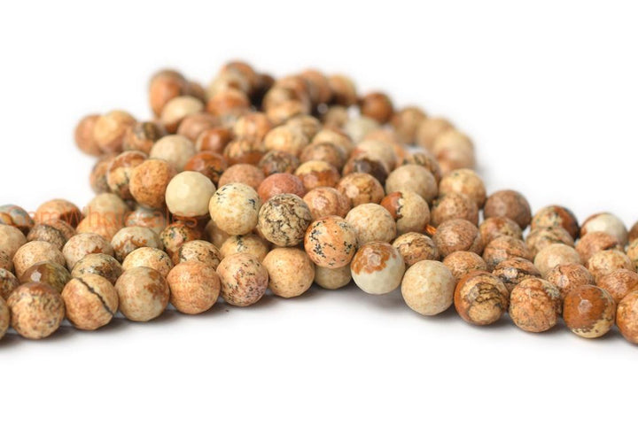15.5" 8mm/10mm/12mm Natural picture stone round 128 faceted beads, yellow brown picture jasper