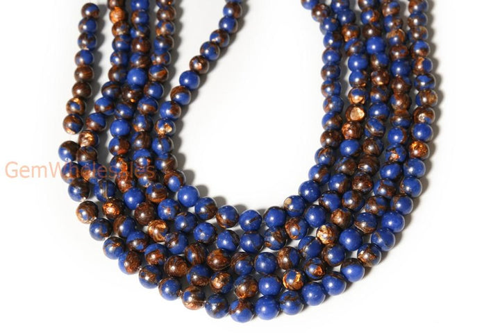 15.5" Lapis blue Impression Jasper & Gold copper bornite round beads 6mm/8mm,Sea Sediment,Aqua Terra Jasper
