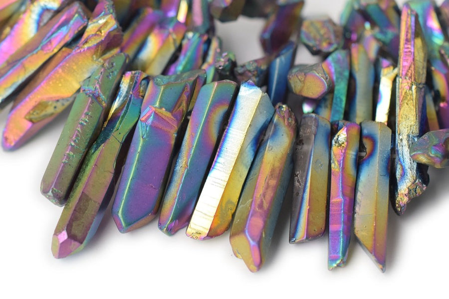 15.5" 4~7mmx~15~40mm Natural Rough Quartz Crystal Spike Beads Rainbow color,coated aura color, nugget