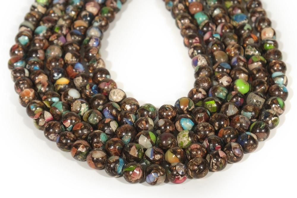 15.5" 6mm/8mm Multi color Impression Jasper & Gold copper bornite round beads