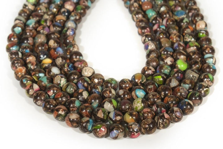 15.5" 6mm/8mm Multi color Impression Jasper & Gold copper bornite round beads