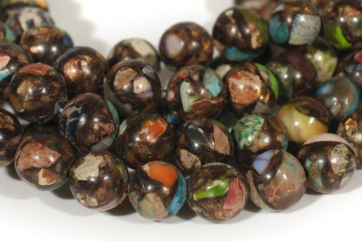 15.5" 6mm/8mm Multi color Impression Jasper & Gold copper bornite round beads