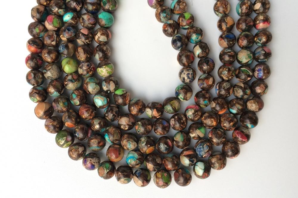 15.5" 6mm/8mm Multi color Impression Jasper & Gold copper bornite round beads