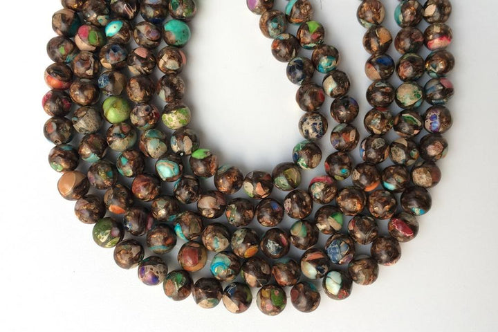 15.5" 6mm/8mm Multi color Impression Jasper & Gold copper bornite round beads