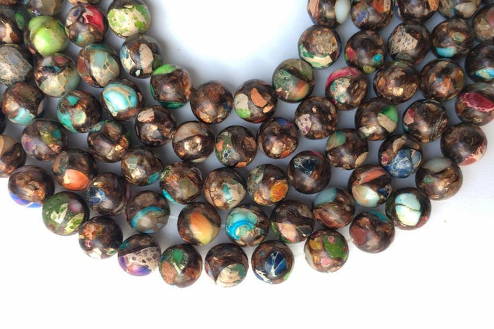 15.5" 6mm/8mm Multi color Impression Jasper & Gold copper bornite round beads