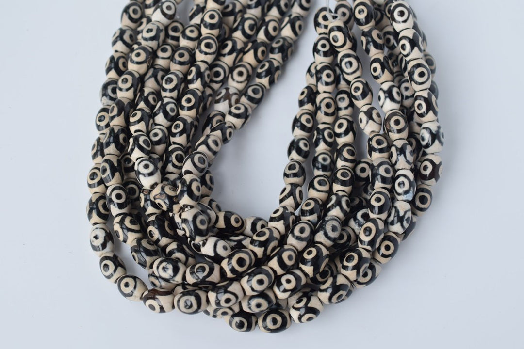 14.5" Black color Bulk tibetan Dzi agate oval shape 10x14mm rice beads with eye