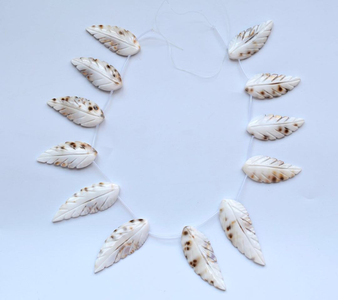 15" 20x45~60mm Natural white shell carving leaf,12pcs on each strand