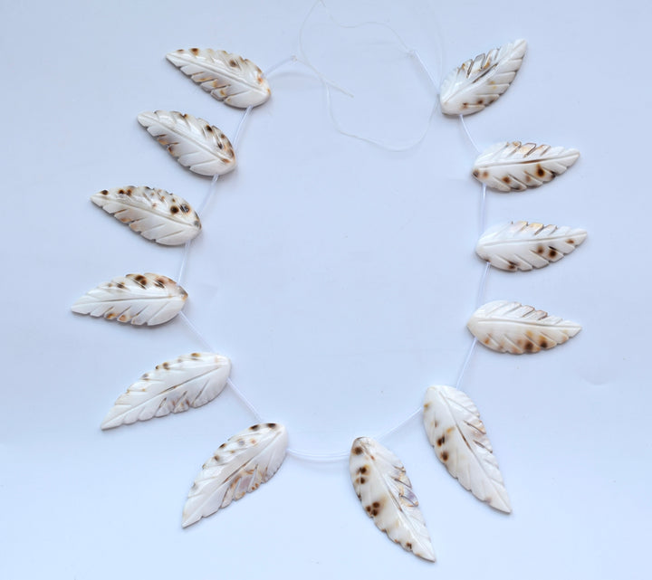 15" 20x45~60mm Natural white shell carving leaf,12pcs on each strand
