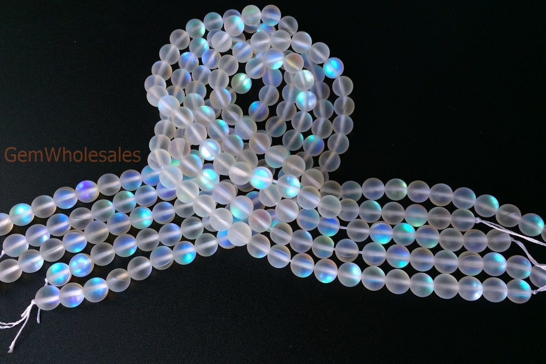 15.5" 6mm/8mm/10mm Rainbow Synthetic Moonstone round beads, matte finish mermaid glass
