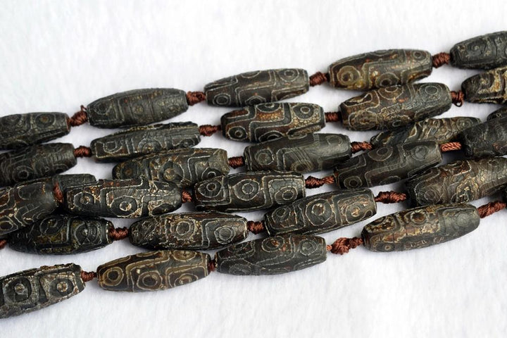 14" Antique Dark Brown Bulk tibetan Dzi 13~14x40mm barrel beads, dark Brown Dzi agate rice beads