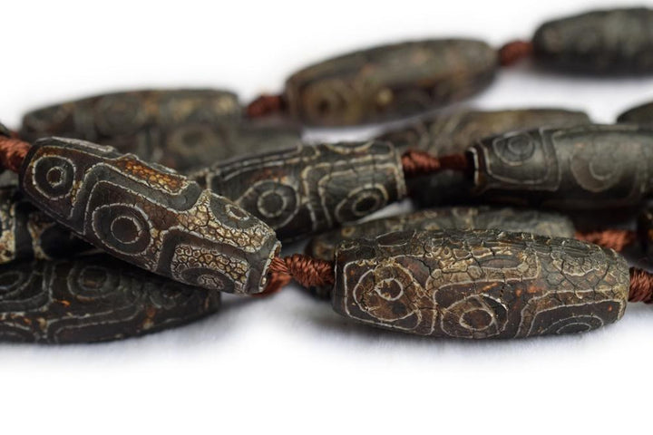 14" Antique Dark Brown Bulk tibetan Dzi 13~14x40mm barrel beads, dark Brown Dzi agate rice beads