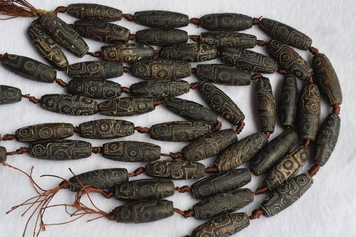 14" Antique Dark Brown Bulk tibetan Dzi 13~14x40mm barrel beads, dark Brown Dzi agate rice beads