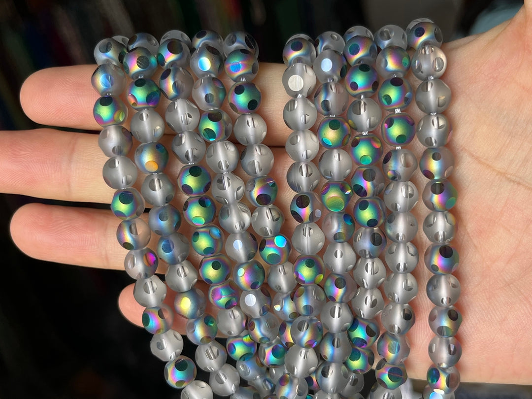 15.5" 8mm/10mm rainbow grey glass football cutting round faceted beads