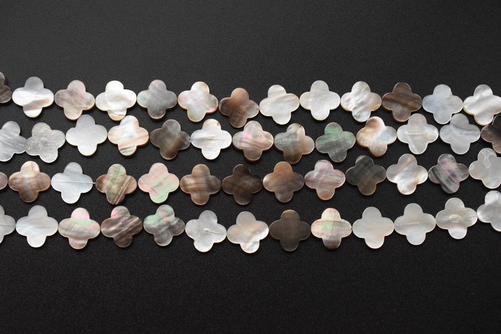 15.5" 6mm/8mm Black Mother Of Pearl/shell four leaf clover scallop/quatrefoil beads