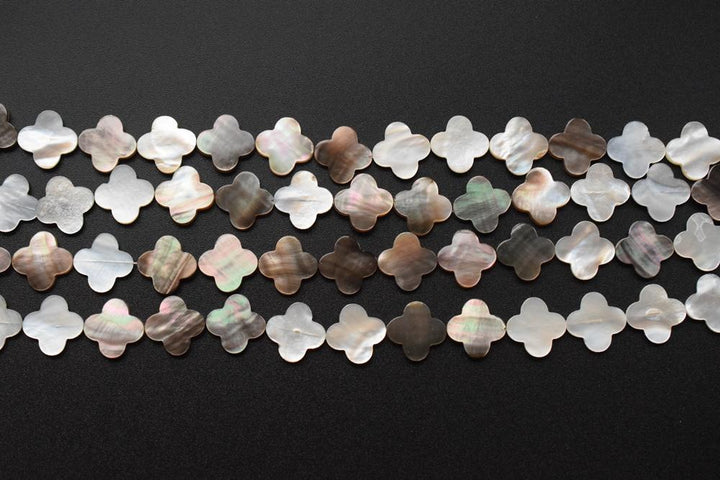 15.5" 6mm/8mm Black Mother Of Pearl/shell four leaf clover scallop/quatrefoil beads