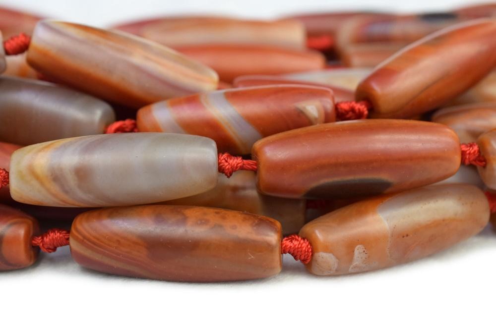 8PCS 14x40mm matte/frosted red stripe Agate rice Gemstone beads