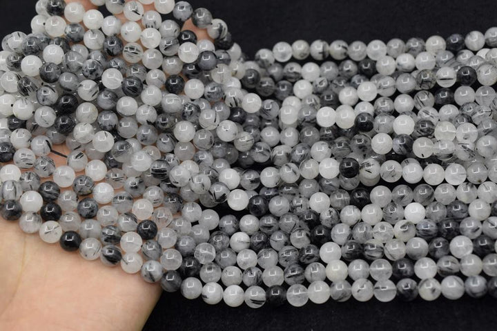 15.5" Natural 8mm black rutilated quartz round crystal beads