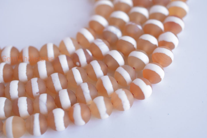 14.5" 8mm Matte Red white tibetan Dzi agate beads, white line on center