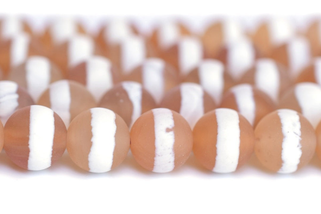 14.5" 8mm Matte Red white tibetan Dzi agate beads, white line on center