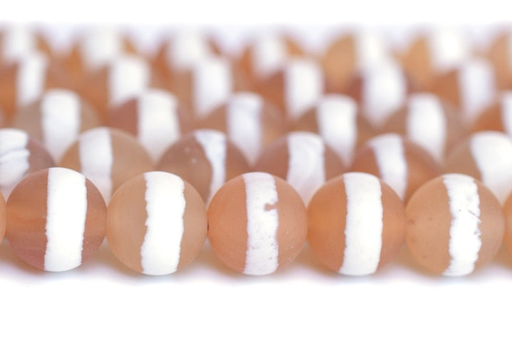 14.5" 8mm Matte Red white tibetan Dzi agate beads, white line on center