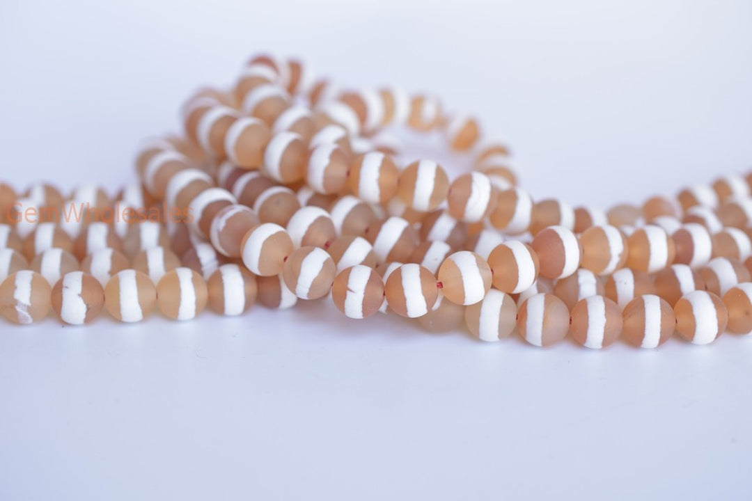 14.5" 8mm Matte Red white tibetan Dzi agate beads, white line on center