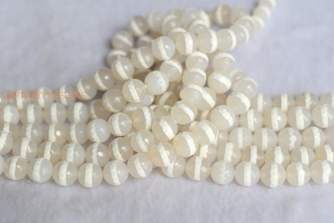 14.5" 10mm White Bulk tibetan Dzi agate round faceted beads, white line
