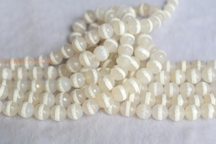 14.5" 10mm White Bulk tibetan Dzi agate round faceted beads, white line