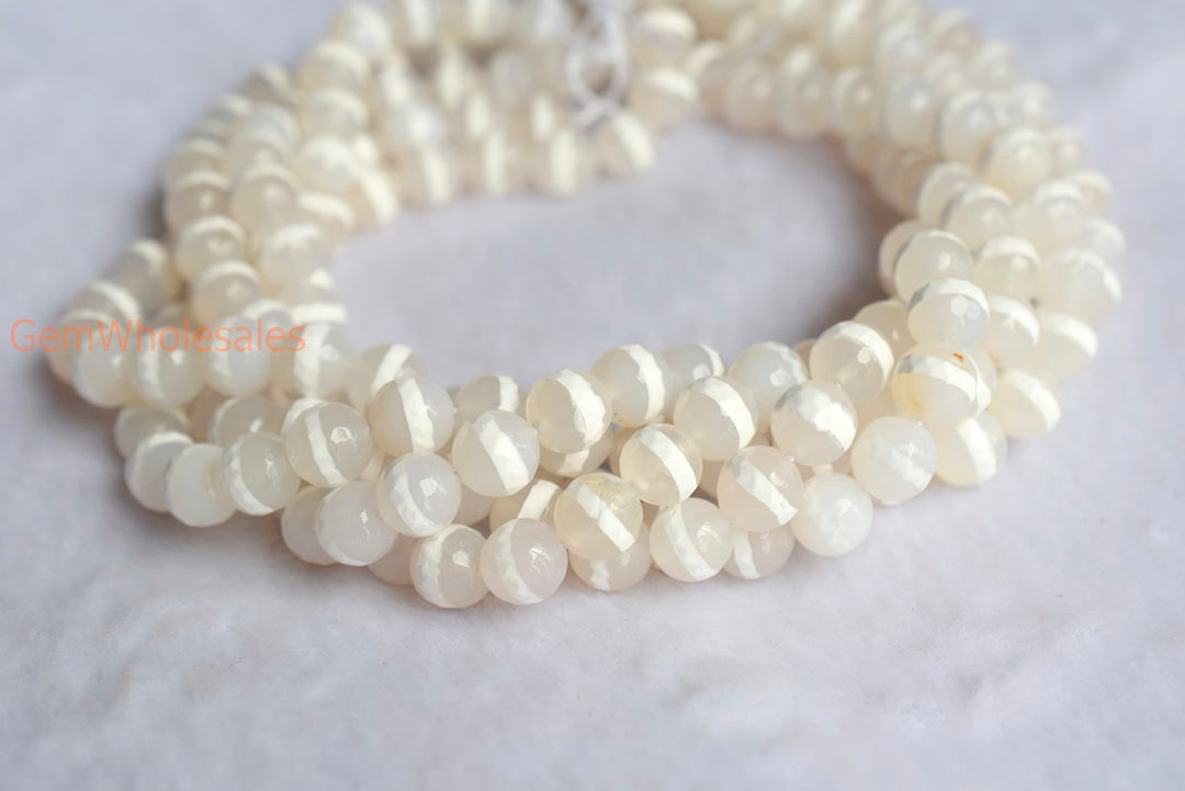 14.5" 10mm White Bulk tibetan Dzi agate round faceted beads, white line