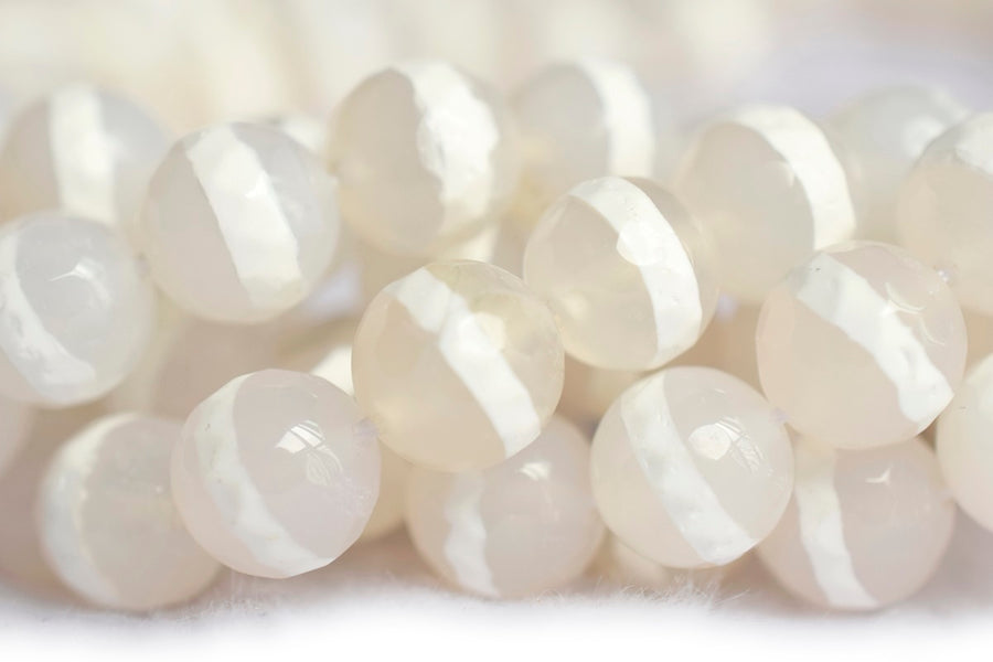 14.5" 10mm White Bulk tibetan Dzi agate round faceted beads, white line