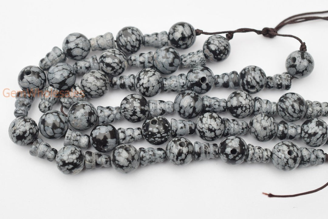 5 sets 10mm Natural Snowflake obsidian T hole beads set, Guru Mala Cones Beads